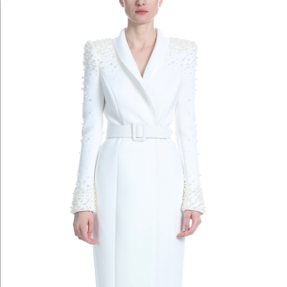Badgley Mischka Size 10 White, pearl embellished Scuba fabric NWT